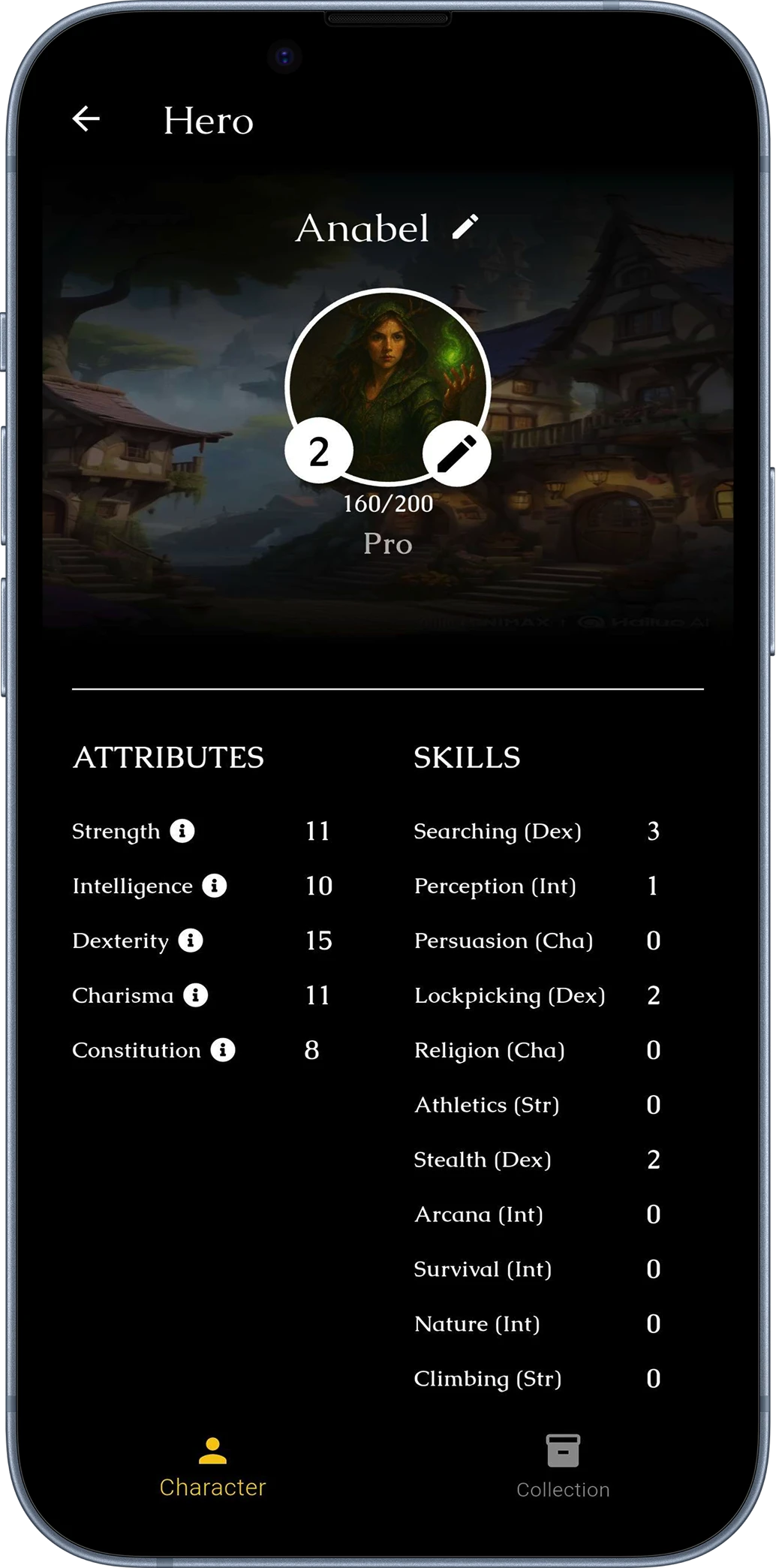 Hero character sheet